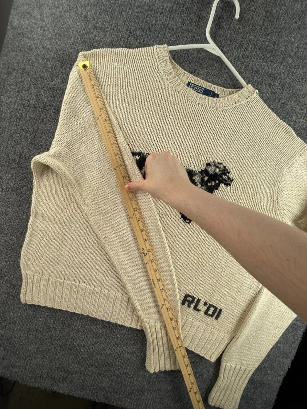 VTG Polo Ralph Lauren Hand Knit Dog RL01 2001 Linen Blend Graphic Large Ivory